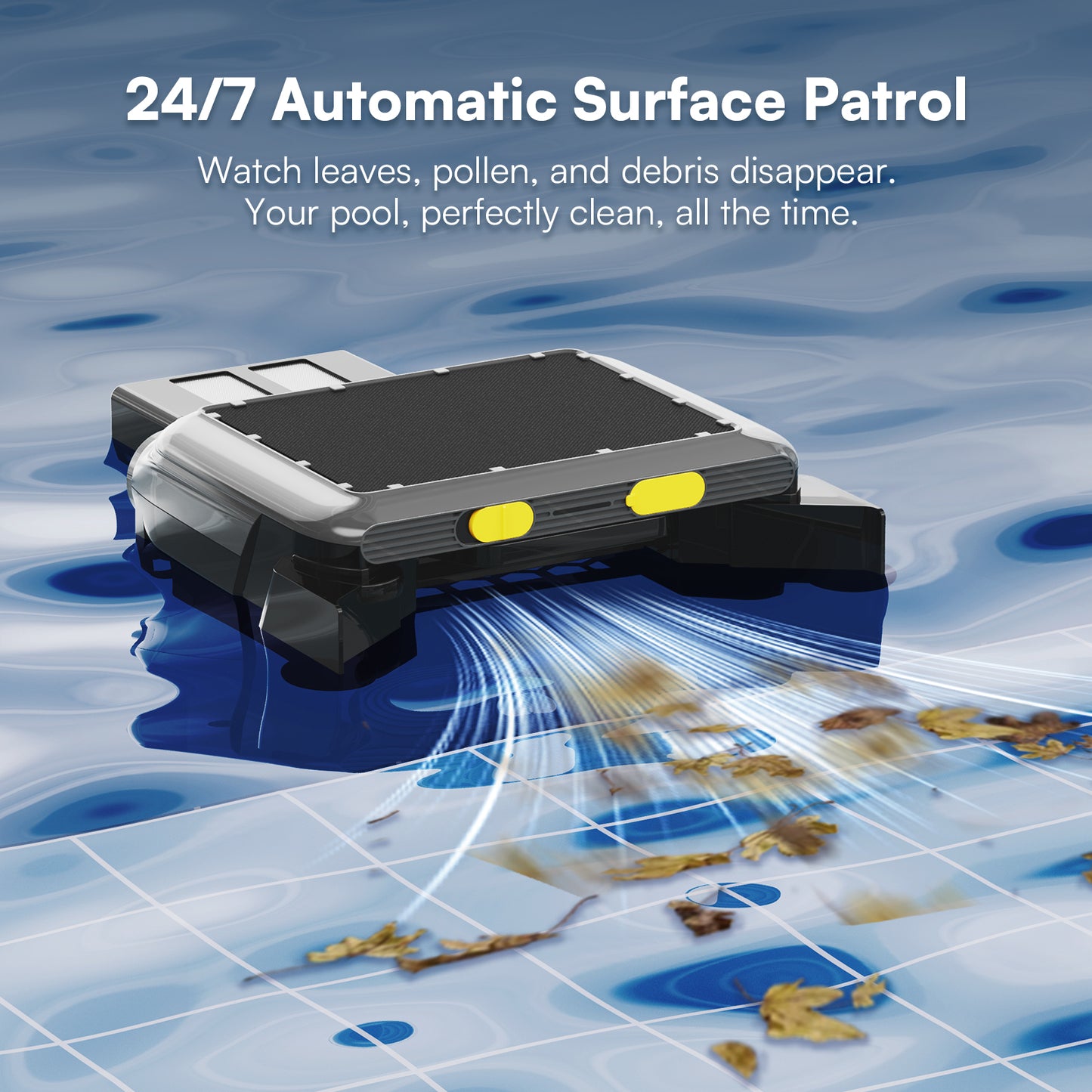 Solar Pool Skimmer, 25H+ Runtime Robotic Pool Surface Cleaner with Dual Solar & AC Charging, IPX8 Waterproof, 6L Filter, APP Control for Residential Pools