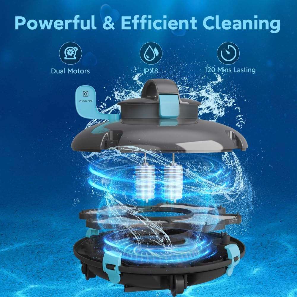 PoolMr Cordless Robotic Pool Cleaner Turtles- Above Ground Pool Vacuum - 15Kpa Strong Suction, 52 Ft/Min Speed, Dual-Motor, Self-Parking, Ideal for Flat Swimming Pools