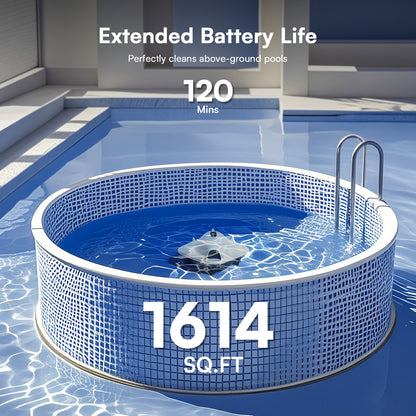 Cordless Robotic Pool Cleaner - Above Ground Pool Vacuum Robot - 40W Strong Suction, Dual Cleaning System, Barrier Crossing, 120-Min Runtime Up to 1614 Sq for Above Ground Pools, Grayish White