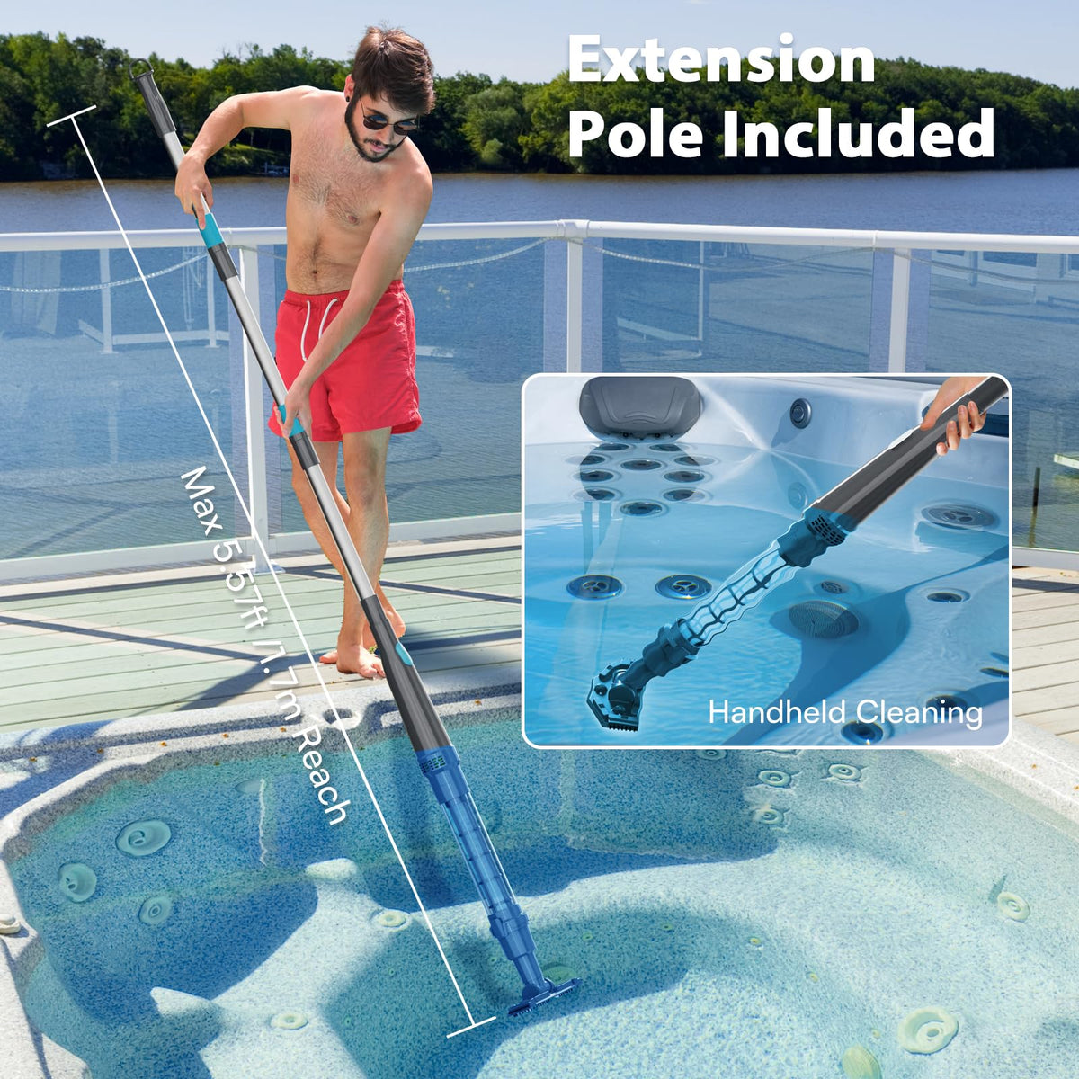 Handheld Spa-Whirlpool-Sauger – kabelloser kleiner Aufstellpoolreiniger mit 2 Bürstenköpfen, 90 Min. Laufzeit, 45 Liter/Min. starker Saugleistung, ideal zum Reinigen von Schmutz und Sand unter Wasser, Schwarz